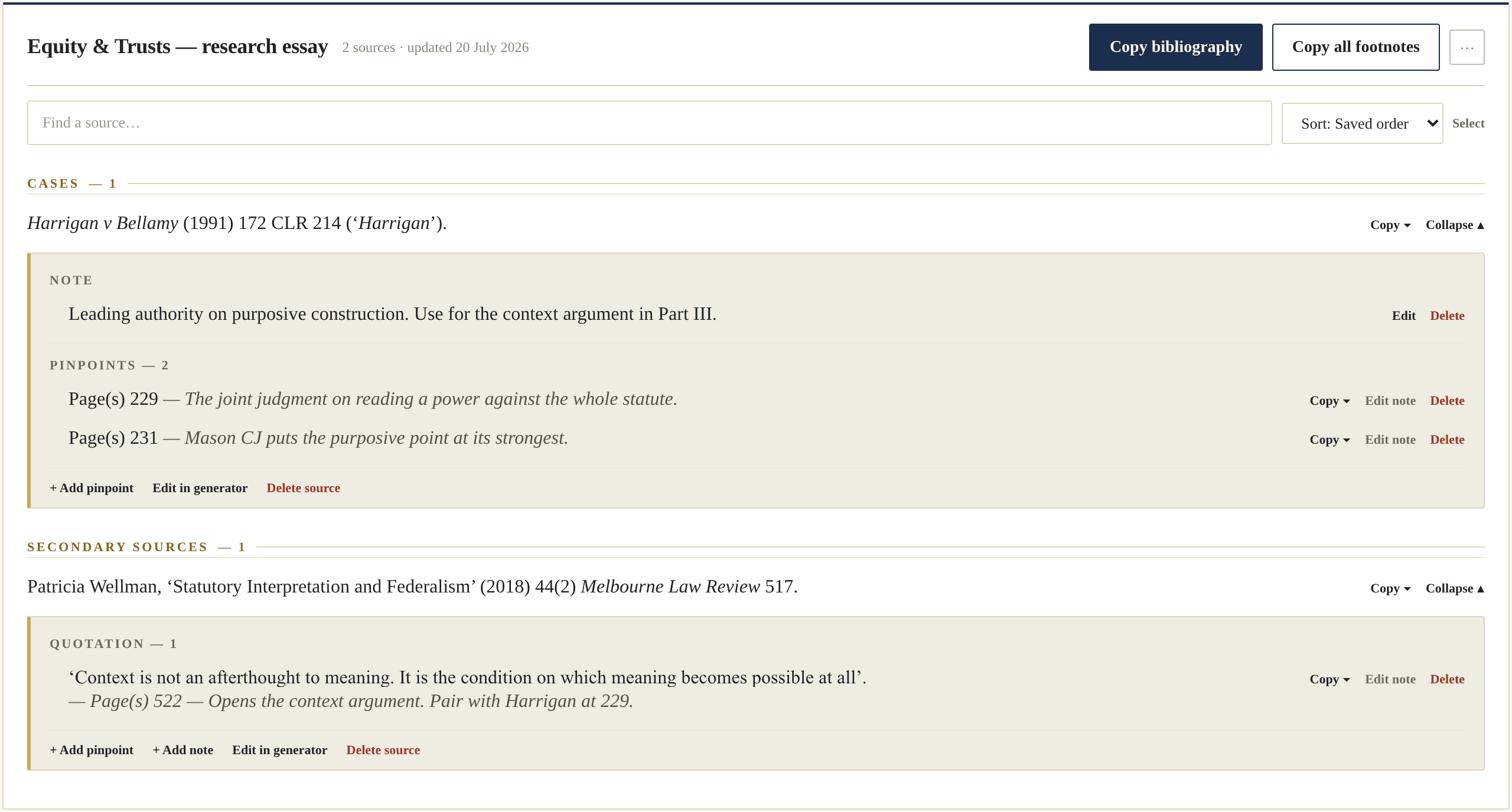 An open Pincite project — a case holding a main note and two page pinpoints with their own notes, and a journal article holding a quotation with its pinpoint and note, each filed under its source.