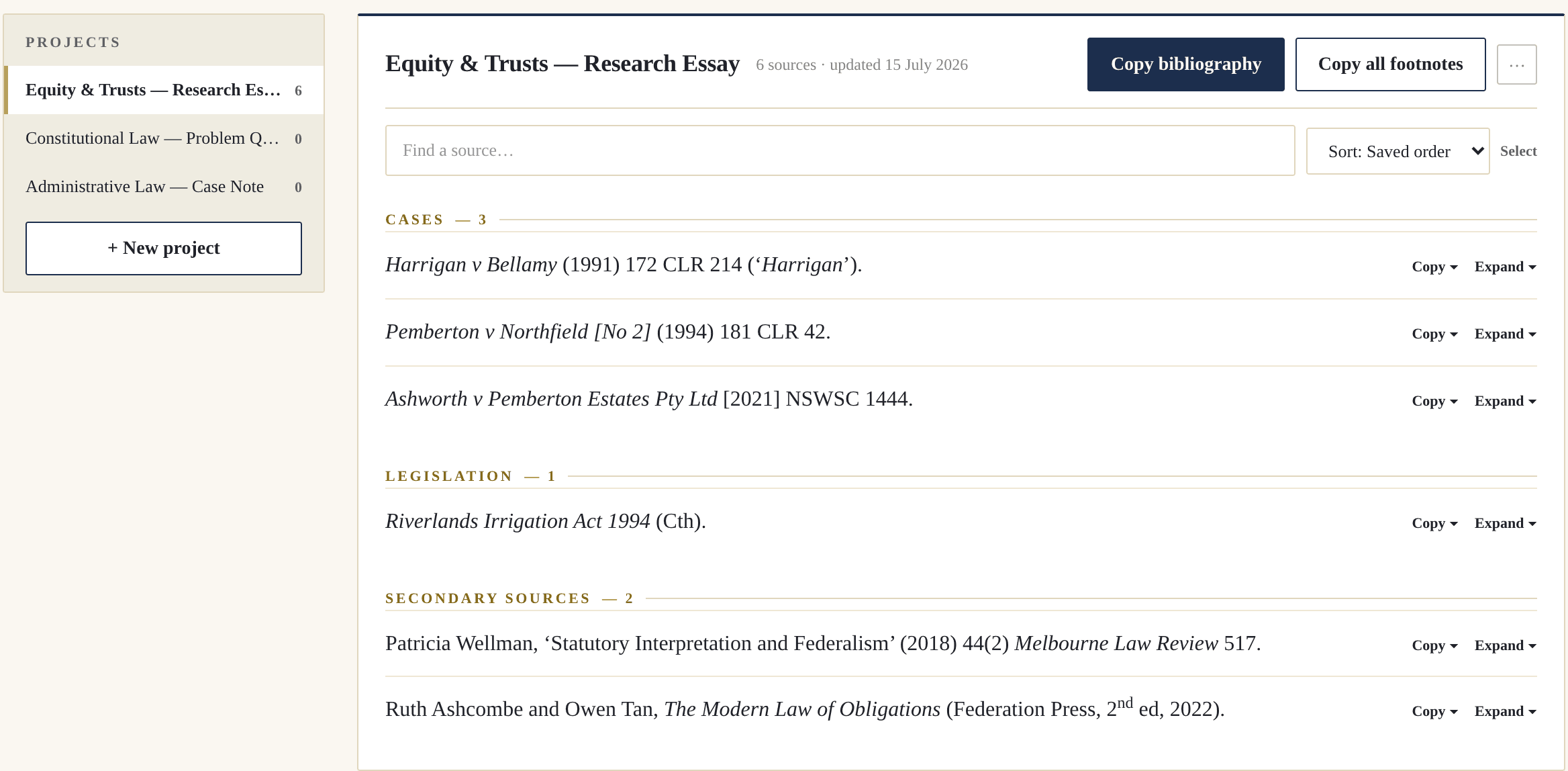 The Pincite projects workspace — a rail of assignments beside the open project's saved sources, grouped under Cases, Legislation and Secondary Sources.
